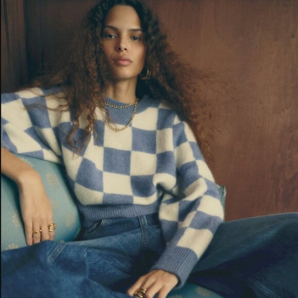 Sézane x Antoinette Poisson NWT Francois Jumper in Blue and Ecru Checks Size L - Picture 3 of 5